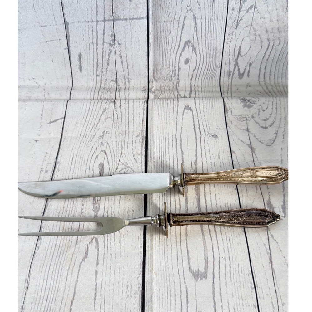 Antique Sterling Silver Handle Carving Set Knife and Fork Ornate Floral Pattern